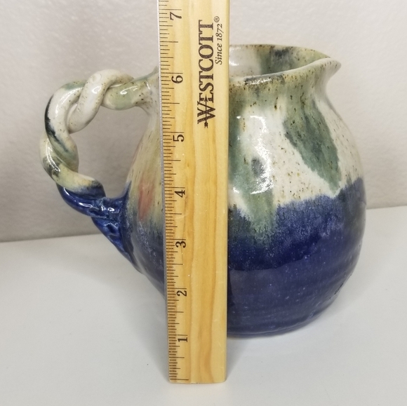 Handmade Pottery Pitcher 6" with Braided Handle Blue Brown Green Speckled Glaze - Picture 9 of 12